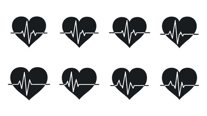 Eight black heart icons with ecg line white white with medical and health and illustration and graphic and electrocardiogram Silhouette vector on whit Background