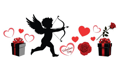 Valentines day illustration of cupid with bow and arrow surrounded by hearts gifts and roses white with Love Silhouette vector on whit Background