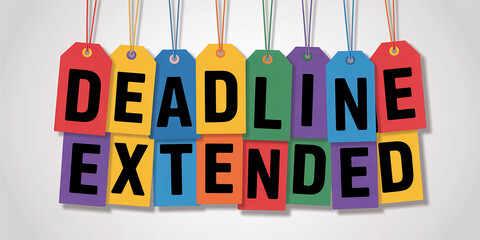 Colorful hanging tags spelling out DEADLINEXTENDED on a light background
