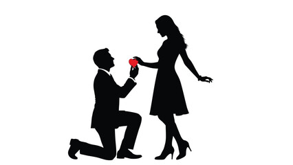 Man proposing to woman with red heart white with propose and proposal and engagement and love and romance Silhouette vector on whit Background