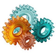 Multicolored transparent glass gears interlinking, representing teamwork and mechanism
