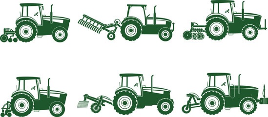 Green tractor agriculture vector illustration set showing farm machinery equipment silhouettes isolated on white background for farming, rural, and agricultural design projects © Mst