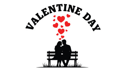 Romantic valentine's day couple sitting bench with hearts white with Valentine s Day and love and illustration Silhouette vector on whit Background