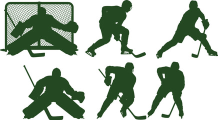 Green silhouettes of ice hockey players in dynamic action poses including goalie defense, skating, shooting, and puck handling for sports illustration. © Mst