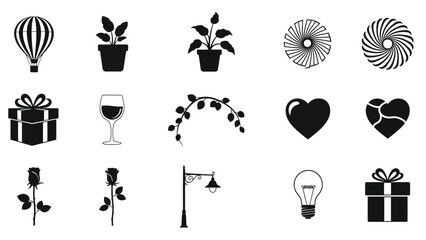Black icons of romantic and celebratory symbols including gifts plants hearts and lightbulbs white with illustration Silhouette vector on whit Background