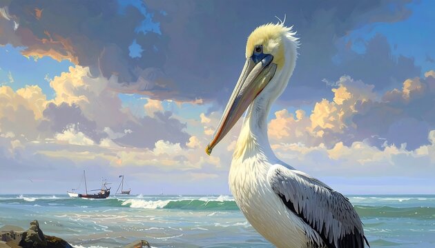 A majestic seabird stands tall, observing the ocean under a painted sky. Vessels float gently