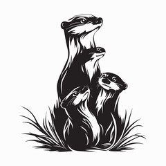 Family of Otters Black and white Vector Illustration on White Background