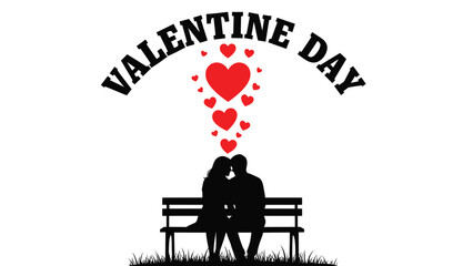 Valentine day couple sitting bench with hearts above white with love and romance and relationship and illustration Silhouette vector on whit Background
