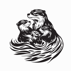 Family of Otters Black and white Vector Illustration on White Background