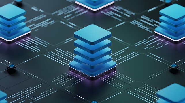 Layered blue server stack on a circuit board representing cloud infrastructure and data processing efficiency.