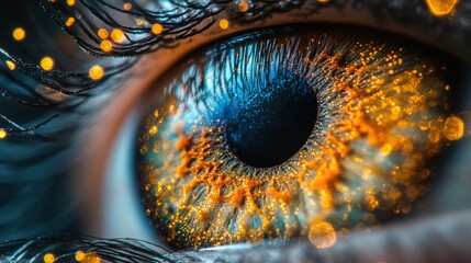 A human eye is displayed with a vibrant, abstract pattern digitally imposed over the iris.