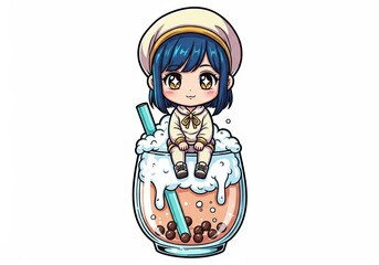 Kawaii Chibi Girl with Blue Hair Sitting on Giant Bubble Tea Glass, Cute Anime Character Illustration for Milk Tea Lovers and Sticker Design, Isolated on White Background