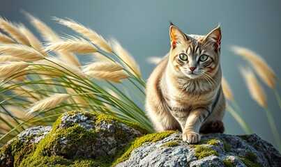 Majestic Adventurous Cat Perched on a Mossy Rock in a Wild Meadow, Cinematic Portrait of a Feline in Nature with Soft Pampas Grass Background