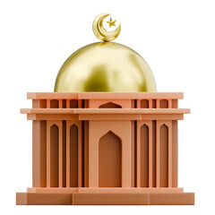 Stylized 3D render of a mosque with a golden dome and crescent moon, representing Islamic architecture and cultural heritage