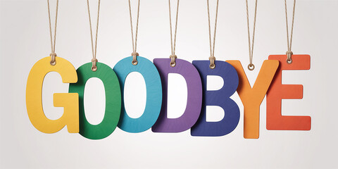 Colorful letters spelling goodbye hanging by strings with a textured look image photo