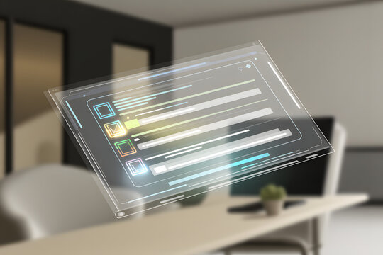 Floating digital interface in modern office space - Powered by Adobe