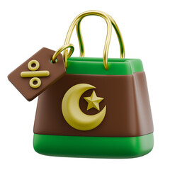 Ramadan Shopping Bag Discount 3D Illustration with Crescent Moon and Star