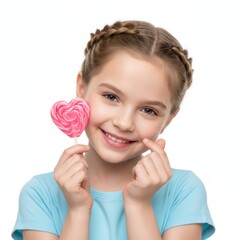 Adorable Girl with Braided Hair Holding Heart-Shaped Lollipop and Making Finger Heart Gesture, Sweet Childhood Joy Concept Isolated on White Background