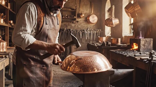 Artisan Crafts a Copper Pot in a Traditional Workshop with Timeless Skill