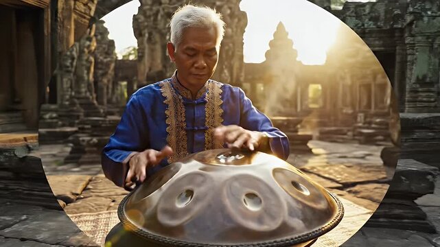 Man Plays Handpan Instrument in Ancient Temple Ruins During Sunset.