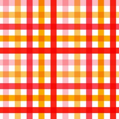 A seamless repeating gingham checkered pattern background in vibrant warm colors of red, orange, yellow, pink, and white, ideal for various design projects.