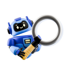 3D Digital Robot Character Conducting Search and Discovery with Magnifying Glass; AI Assistant Exploring Information