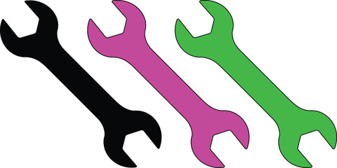 Three Colorful Wrenches Isolated on White Background