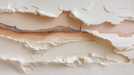 Soft minimalisme with layered plaster wall surface in warm beige, cream tones. Peeling edges, cracks and strokes, tactile neutral texture background for brand design, packaging and visual comfort