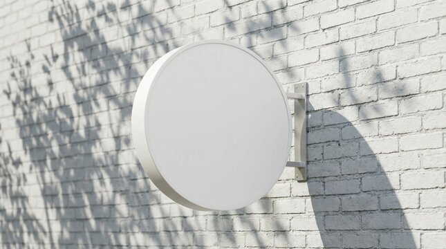 Blank white round shop sign mockup hanging on a textured white brick wall with tree shadows, outdoor daylight