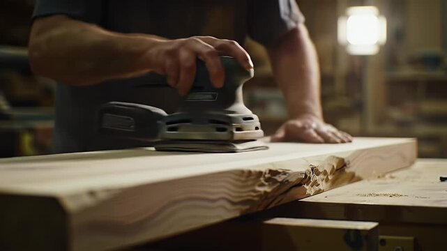 Woodworker carefully smoothing a wooden board with a power sander in his workshop