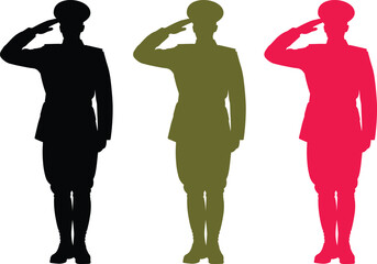 Three Silhouettes of Soldiers Saluting in Black Green and Red