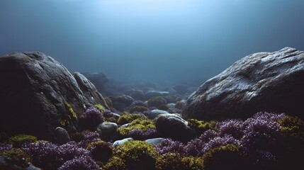 Underwater seabed landscape with large rocks and vibrant purple and green marine flora under diffused sunlight