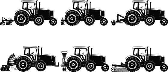 Black tractor silhouette vector set showing agricultural farm machinery equipment isolated on white background for farming, rural, and agribusiness design projects © Hasem Creative