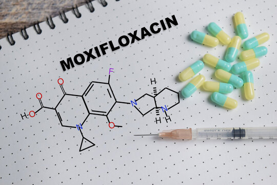 Concept of chemical structure moxifloxacin write on book isolated on Wooden Table.