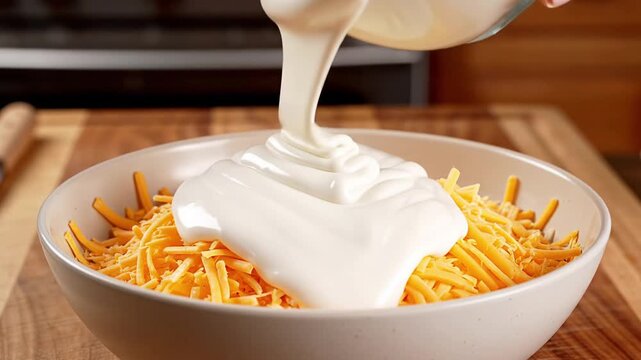 Pouring a creamy white cheese sauce over a bowl of shredded cheddar cheese for a delicious macaroni and cheese recipe