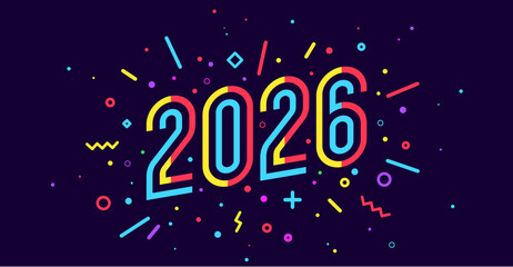2026, Happy New Year. Greeting card, Happy New Year 2026, colorful numbering design. Geometric bright style, numbers 2026 on dark background, Happy New Year or Merry Christmas. Vector Illustration