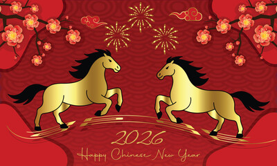 Happy Chinese New Year 2026 Year of the Horse Festive Banner with Golden Running Horses, Plum Blossoms and Fireworks on Traditional Red Background