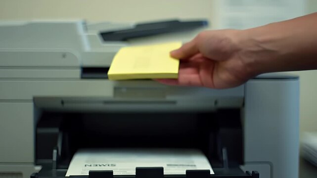 Document Management: Close-up of Placing Note on Printer for Efficient Workflow
