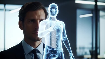 Man examines human body hologram in a futuristic medical environment. - Powered by Adobe