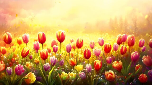 Spring booming. Life. New hope. Season. A vivid, digitally rendered illustration of a field of tulips bathed in a warm, golden light. The tulips are depicted in various shades of pink, red.