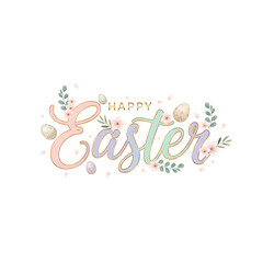 Elegant "Happy Easter" Text Graphic with Pastel Egg and Spring Floral Accents. Modern Typography Design.
