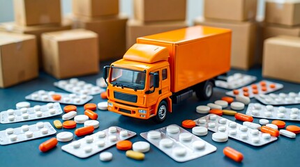 Medicine delivery logistics with truck boxes and pharmaceutical pills supply concept