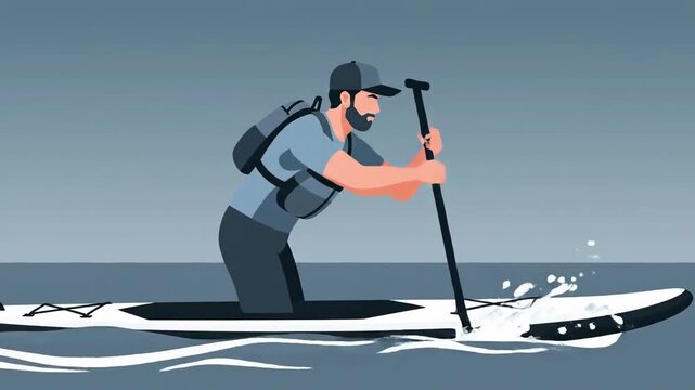 Man Paddling On Sup Board In Calm Water Animated Stock Motion Graphics Sequence