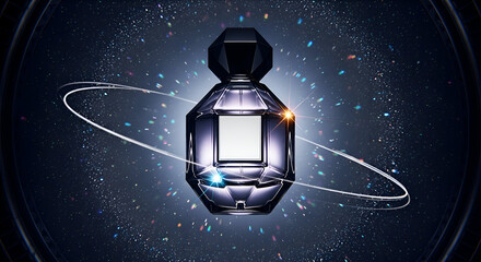 Luxurious perfume bottle in space with sparkling stars and orbiting ring