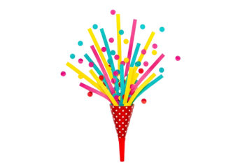 Colorful party popper with confetti and streamers on white isolated on transparent background