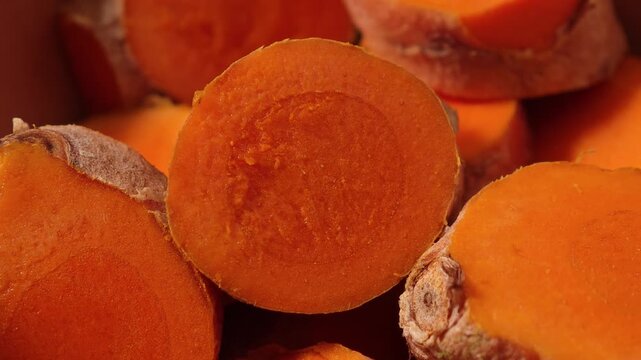 Close-up of sliced ​​fresh turmeric.