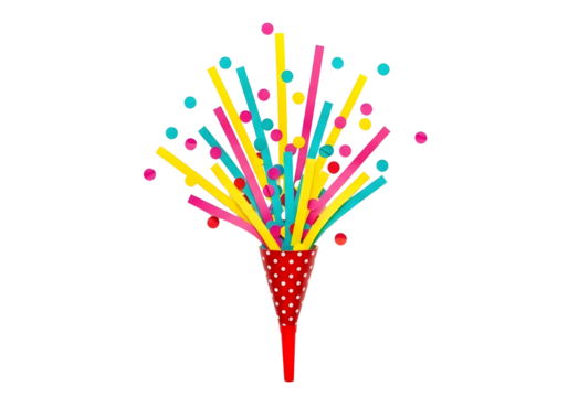 Colorful party popper with confetti and streamers on white isolated on transparent background - Powered by Adobe