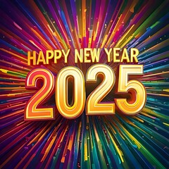 Bright, colorful burst of energy and light with gold text "Happy New Year 2025" floating above a dynamic background