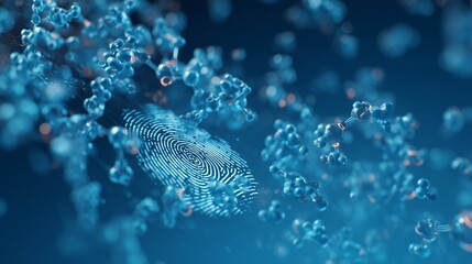 The image features a prominent blue fingerprint surrounded by intricate molecular structures. This visual emphasizes the connection between biometrics and molecular science.