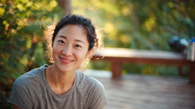 公園のウッドデッキで木漏れ日を背に自撮りする女性
